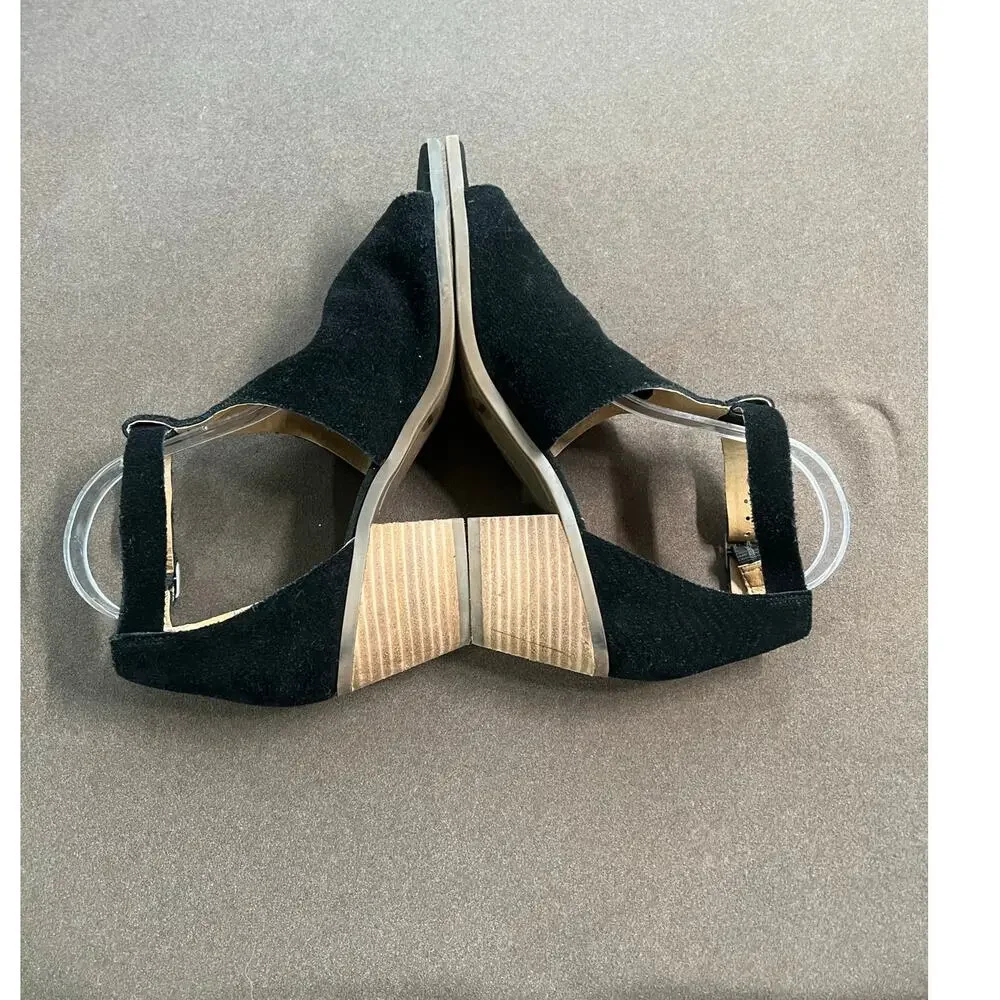 Lucky Brand Baxley Black Suede Peep Toe Stacked Heel Sandal Womem's Size 8.5